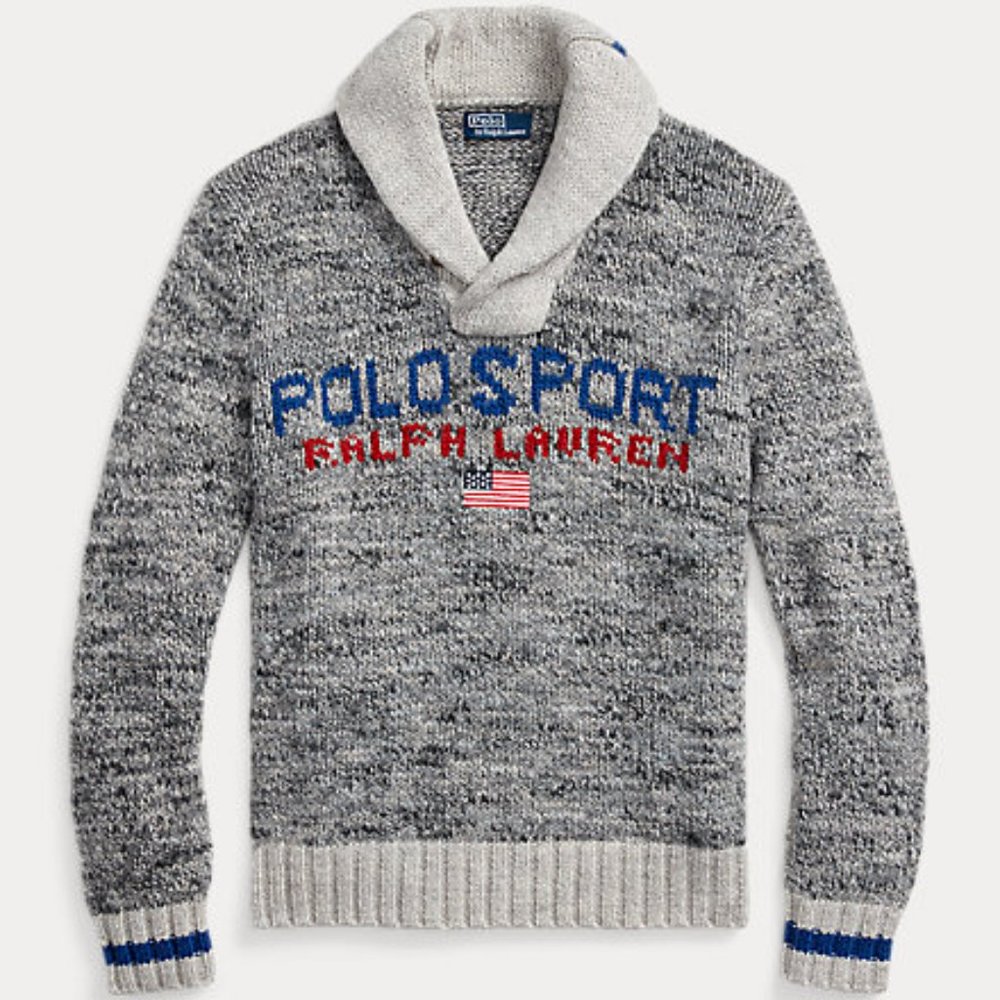 Polo Ralph Lauren American flag sweater. Shawl collar. Size: Medium, Large